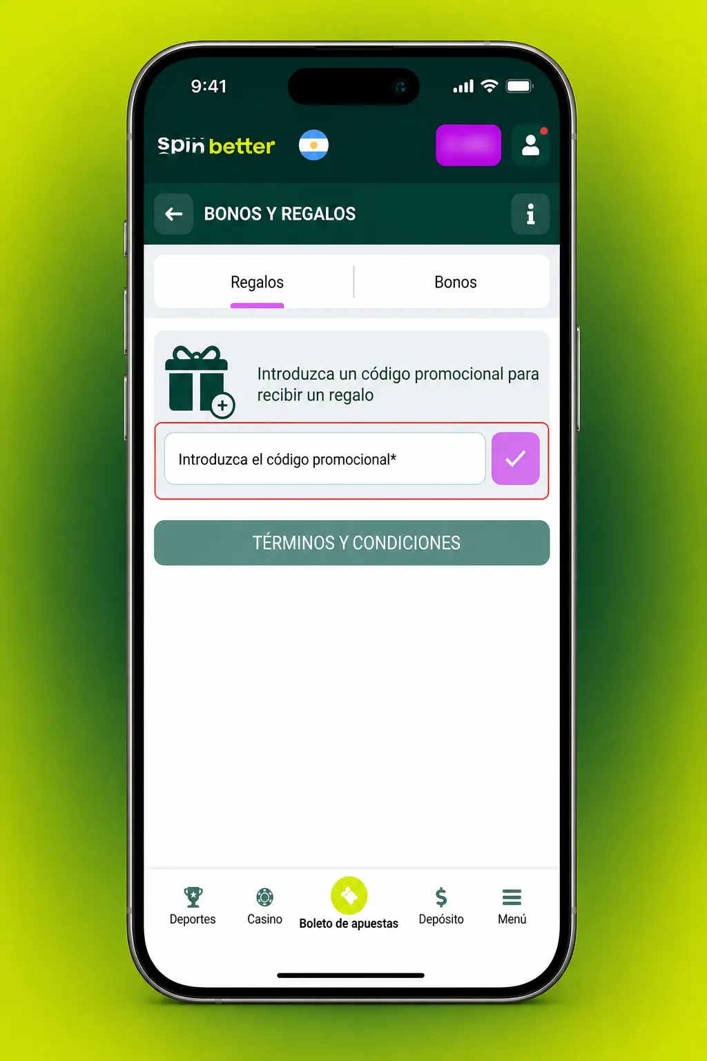 Activación del código promocional en la app de SpinBetter para Android e iOS