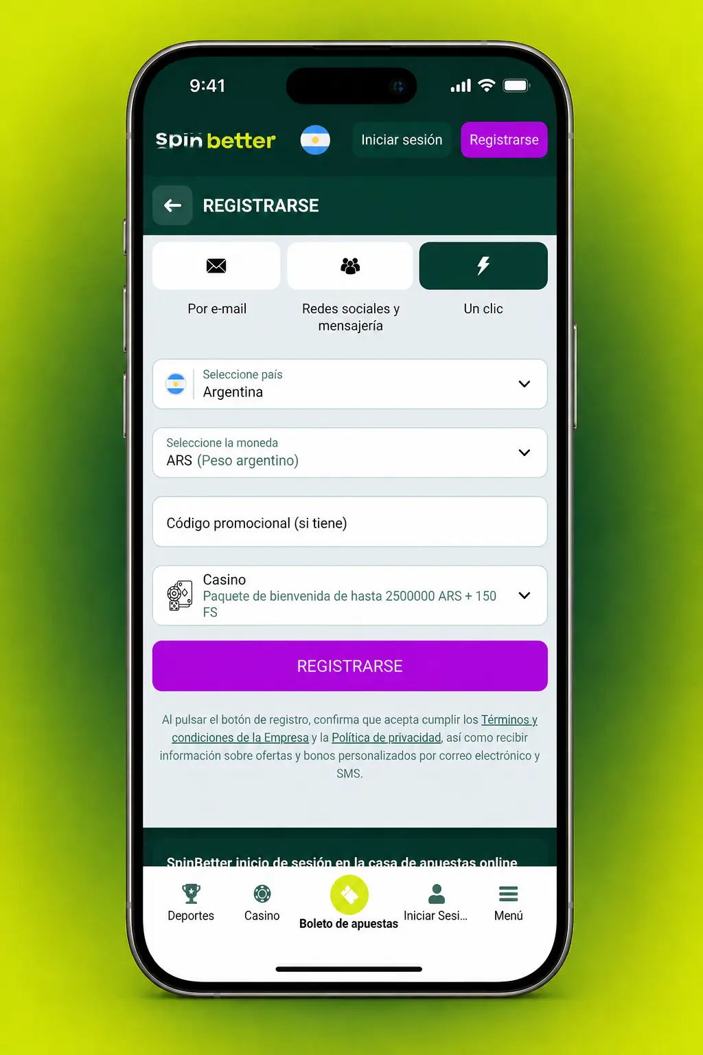 Activación del código promocional en la app de SpinBetter para Android e iOS desde el celular
