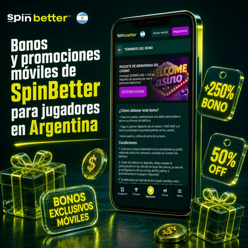 Bonos de bienvenida de SpinBetter app: casino 100% + giros gratis y deportes 100% para jugadores en Argentina