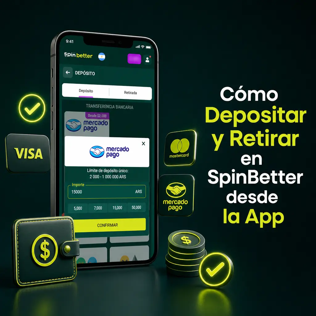 Guía para depositar y retirar dinero en SpinBetter desde la app móvil usando Mercado Pago o billetera cripto
