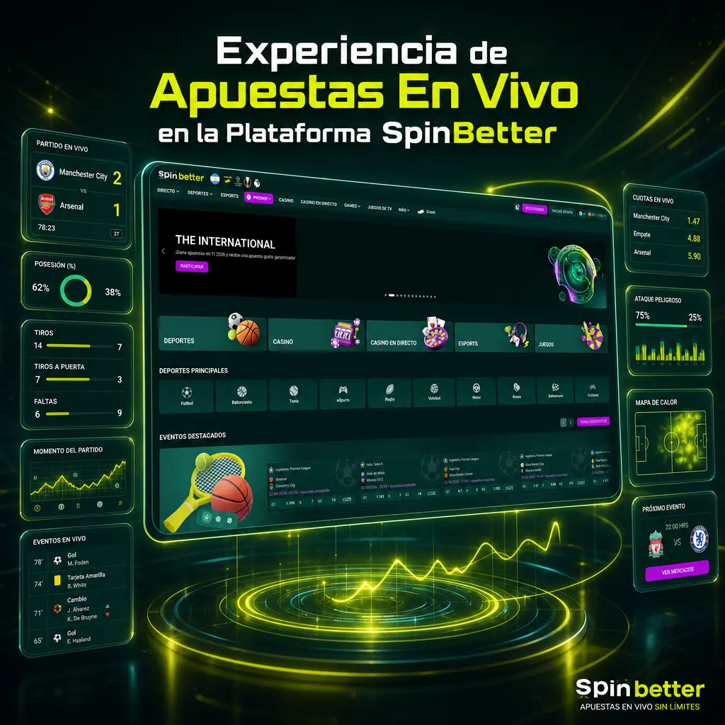 Panel de apuestas en vivo de SpinBetter con cuotas en tiempo real para fútbol, tenis, básquetbol, esports y vóley