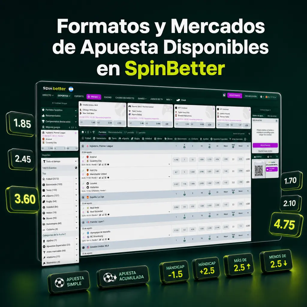 Formatos y mercados de apuesta disponibles en SpinBetter: simple, combinada, sistema, hándicap asiático, over/under y doble oportunidad.