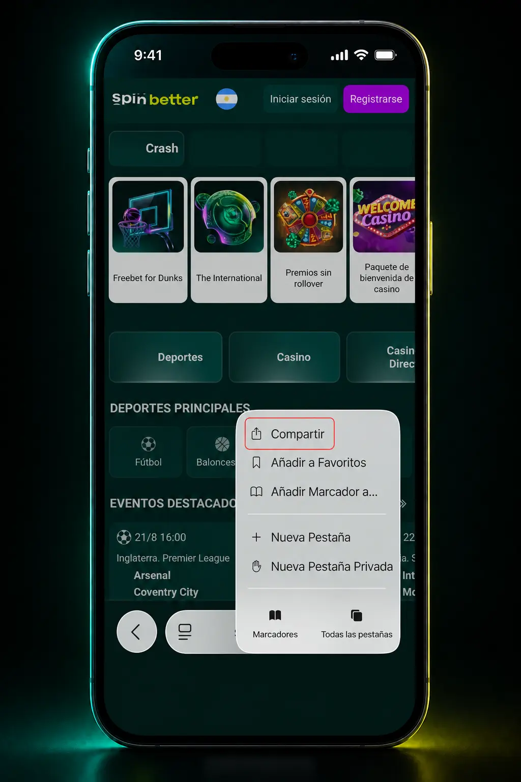 Pasos para instalar SpinBetter en iOS desde Safari, agregar a pantalla de inicio e ingresar con tus credenciales.