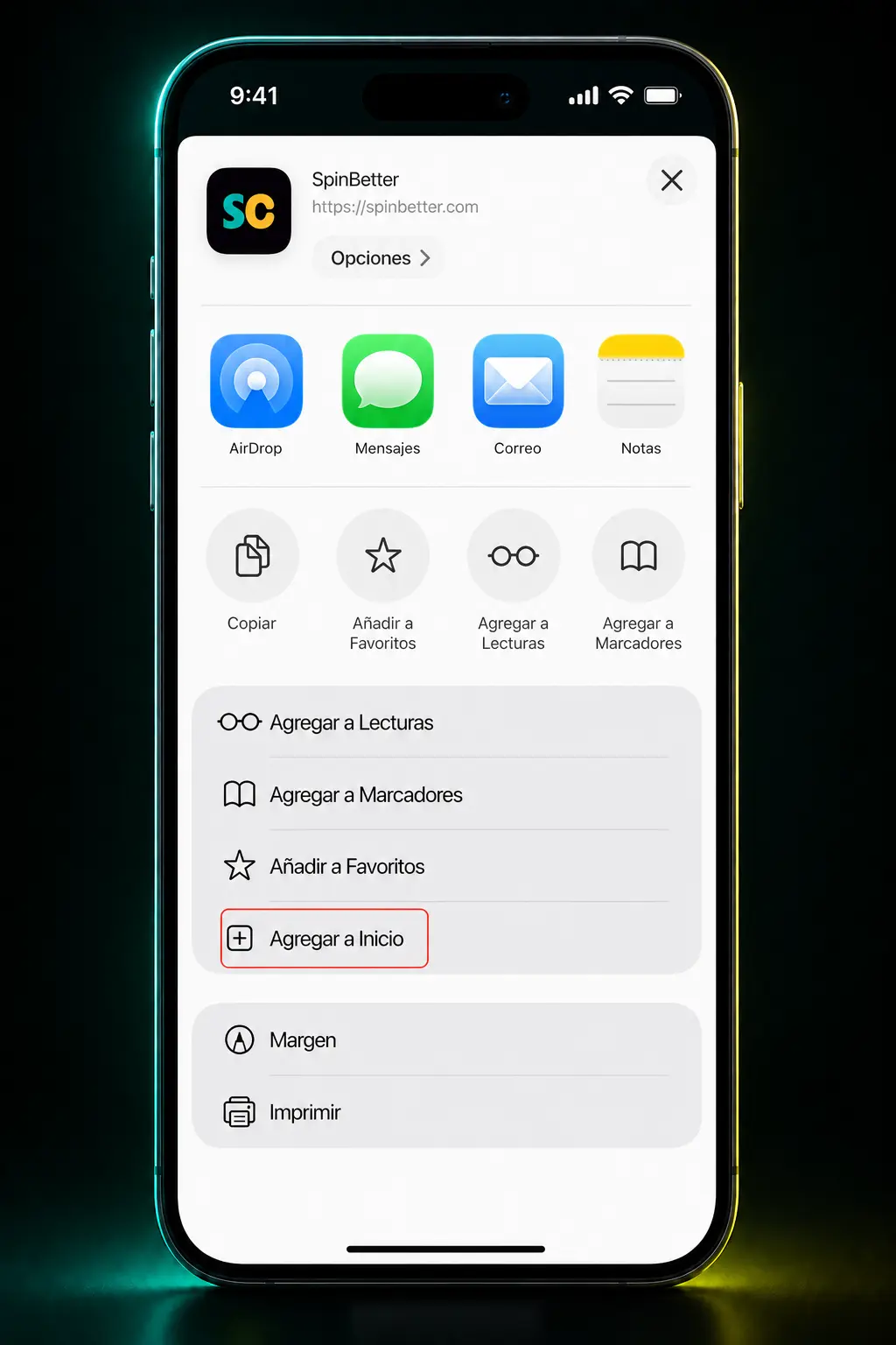 Pasos para instalar SpinBetter en iOS: abrir Safari, agregar a pantalla de inicio e ingresar credenciales.