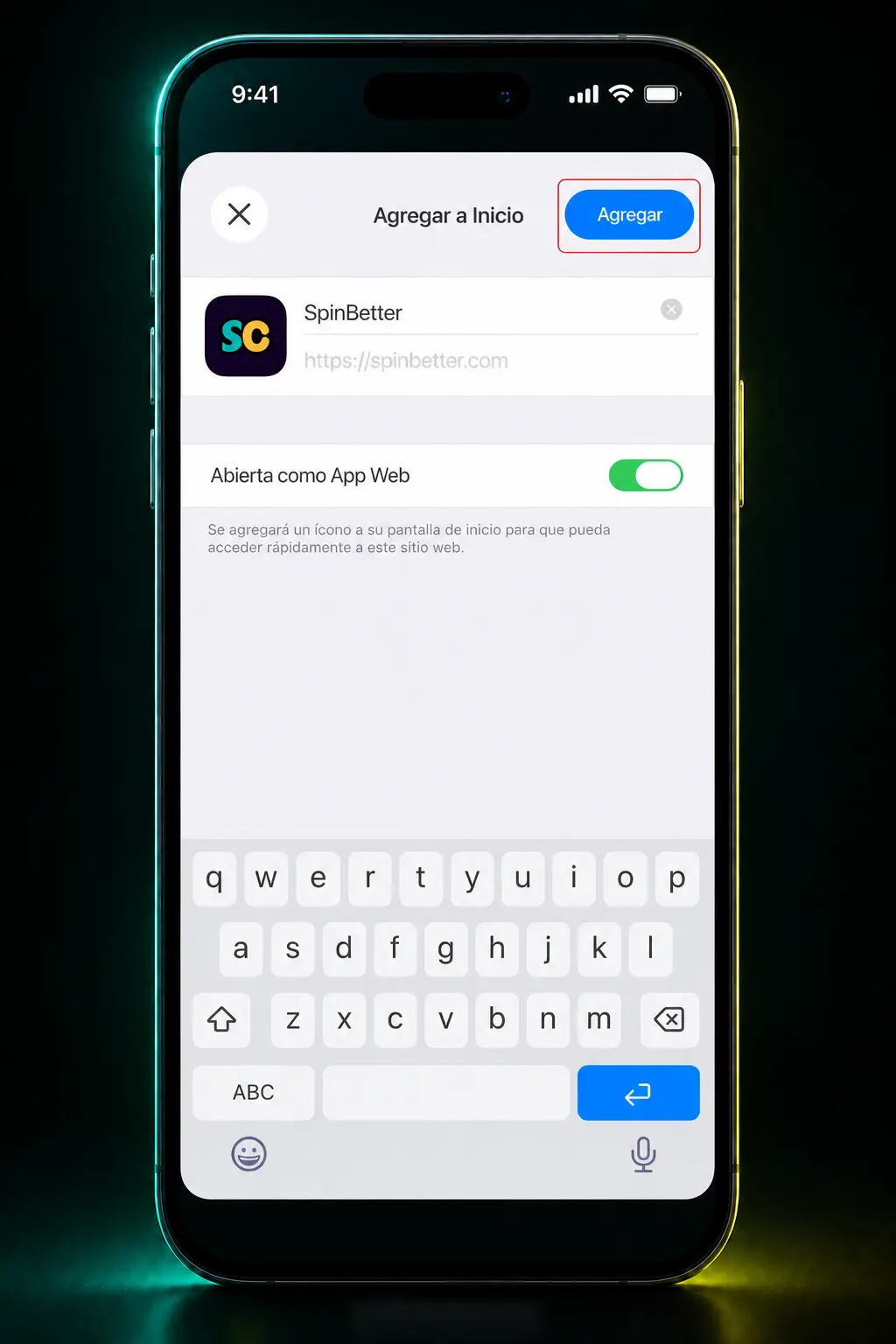 Pasos para instalar SpinBetter en iOS: Safari, agregar a pantalla de inicio e ingresar con tus credenciales.
