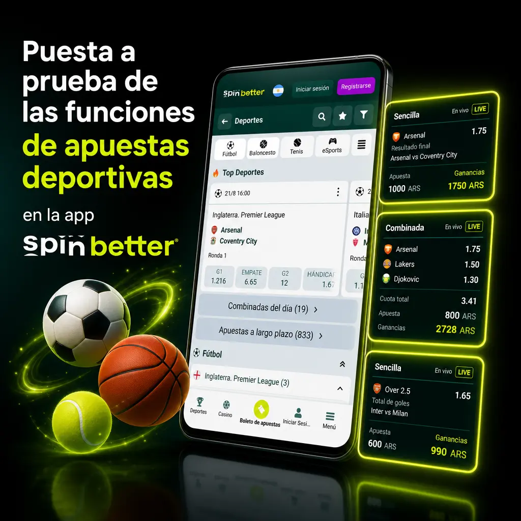 Prueba de apuestas deportivas en la app SpinBetter: fútbol, tenis, básquet y eSports con estadísticas y streaming en vivo.