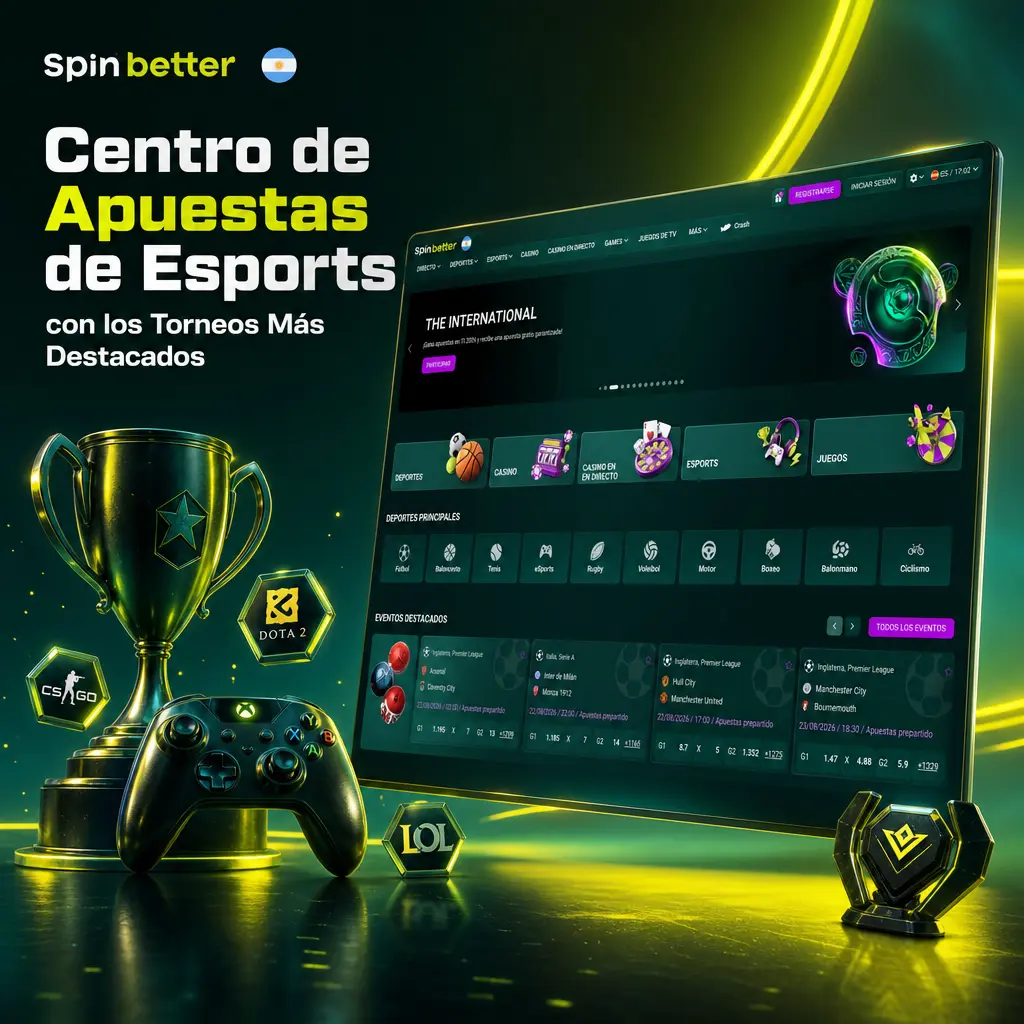 Centro de apuestas de esports en SpinBetter con torneos de CS2, Dota 2, League of Legends, Valorant y EA Sports FC.