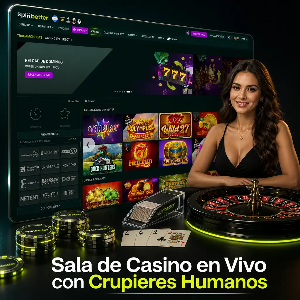 Sala de casino en vivo de SpinBetter con crupieres humanos, transmisión HD y juegos como ruleta, blackjack y bacará